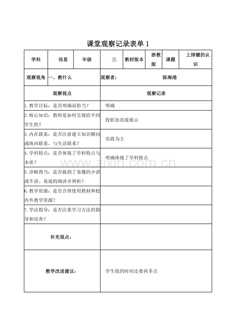 【陈海港】课堂观察记录表单.doc_第1页