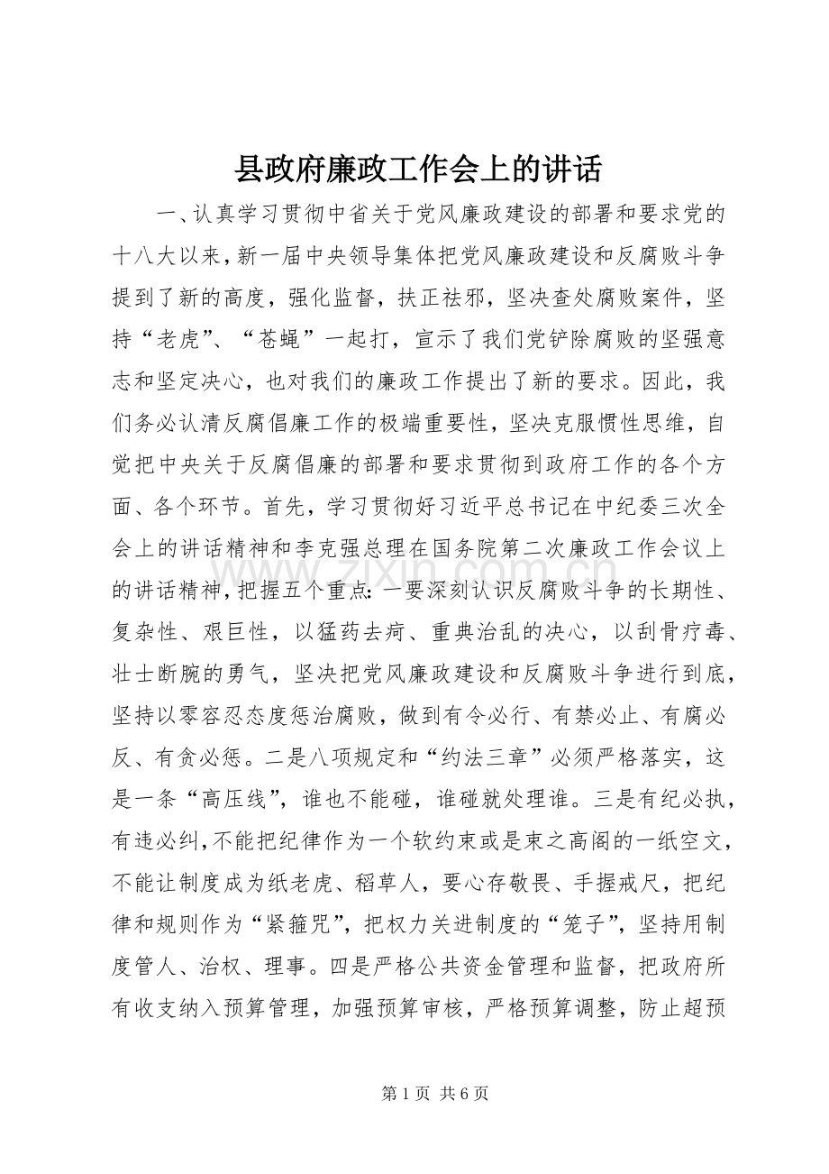 县政府廉政工作会上的讲话发言_1.docx_第1页