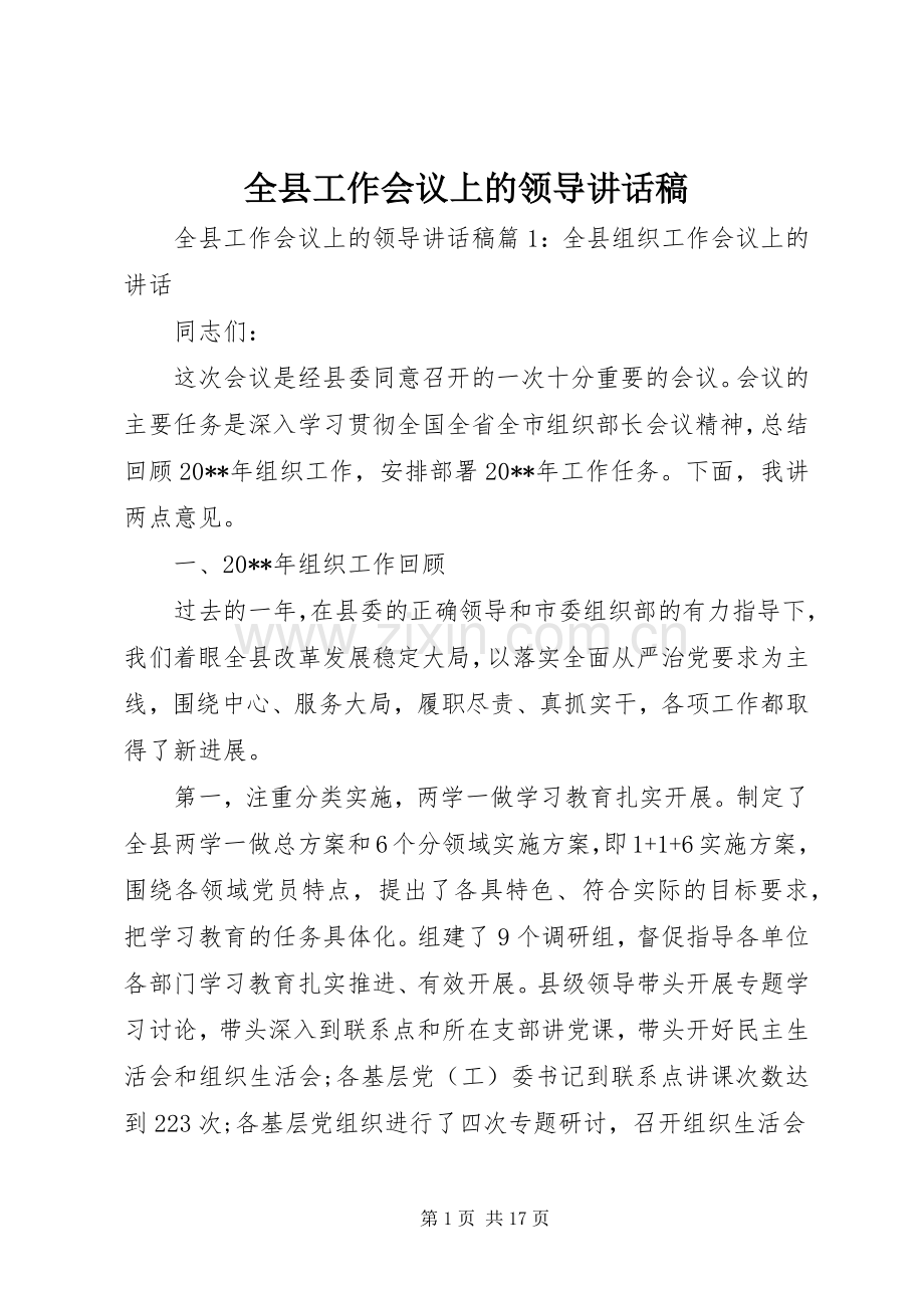 全县工作会议上的领导讲话发言稿.docx_第1页