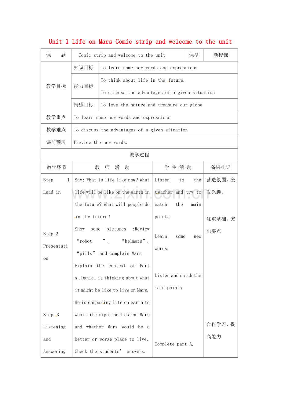 江苏省昆山市锦溪中学九年级英语下册 Unit 1 Life on Mars Comic strip and welcome to the unit教案 牛津版.doc_第1页