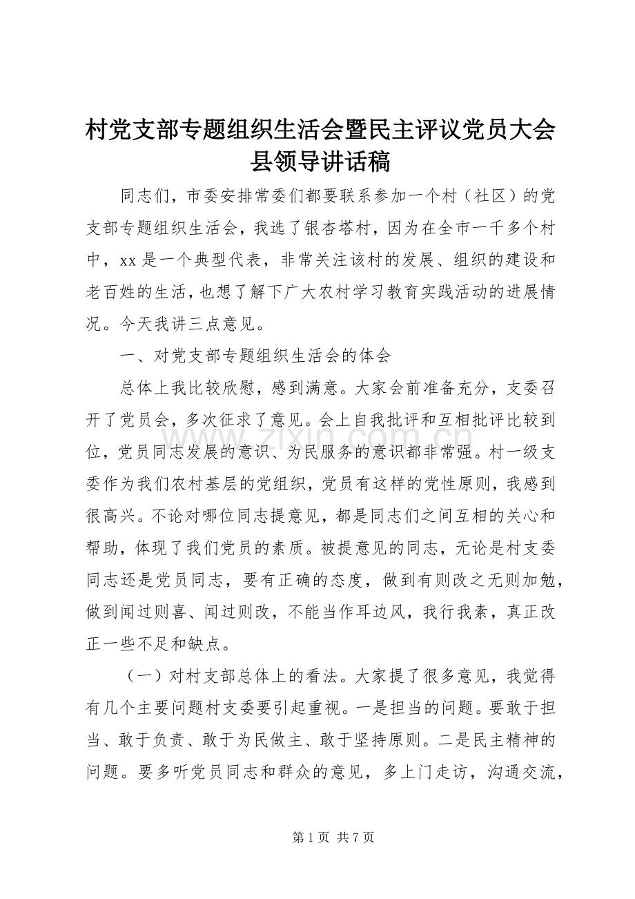 村党支部专题组织生活会暨民主评议党员大会县领导讲话发言稿.docx_第1页