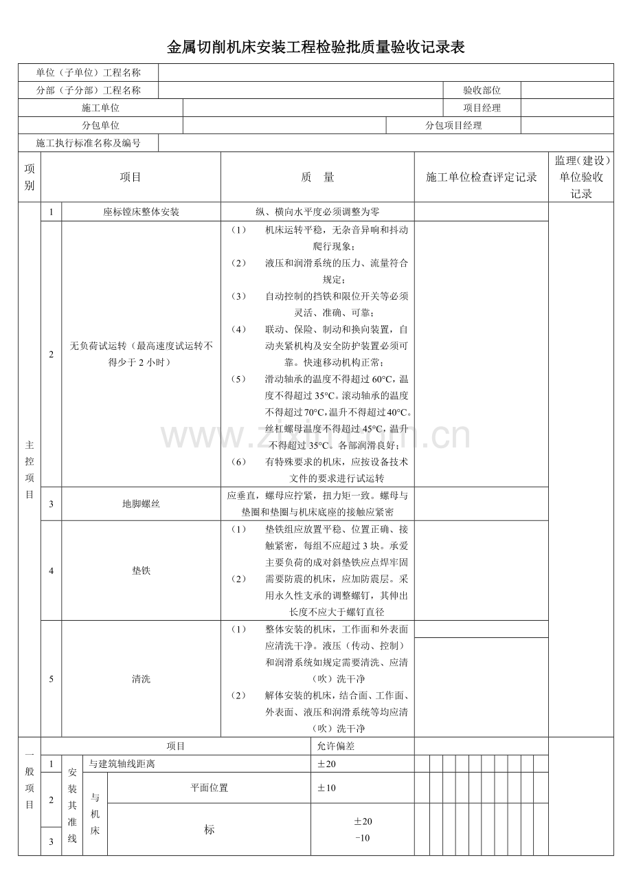 金属切削机床安装工程检验批质量验收记录表.docx_第1页