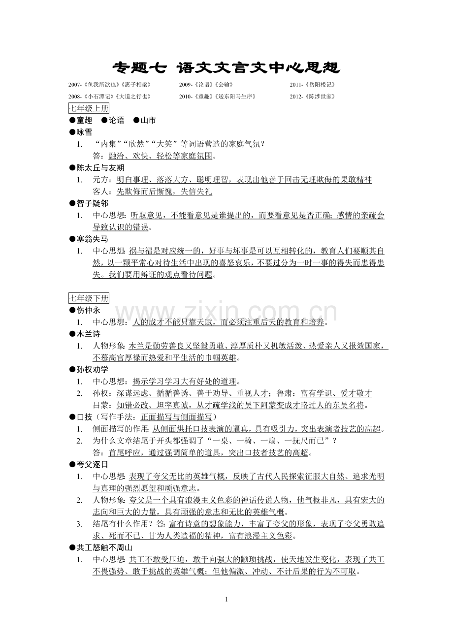 中考专题复习语文文言文中心思想及其练习.doc_第1页