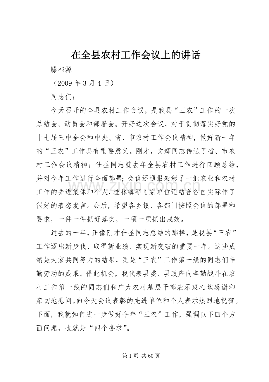 在全县农村工作会议上的讲话发言_1.docx_第1页