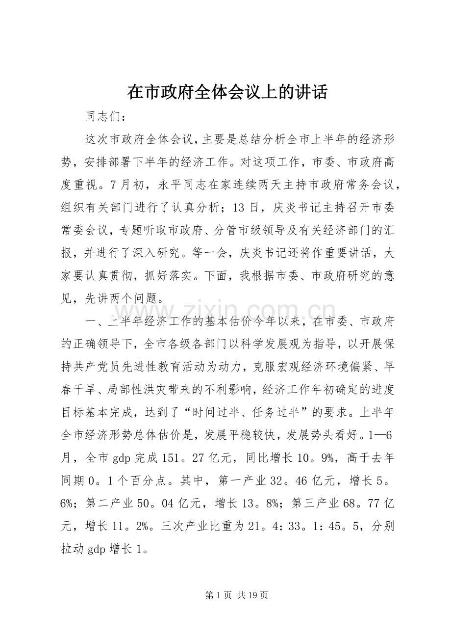 在市政府全体会议上的讲话发言_1.docx_第1页