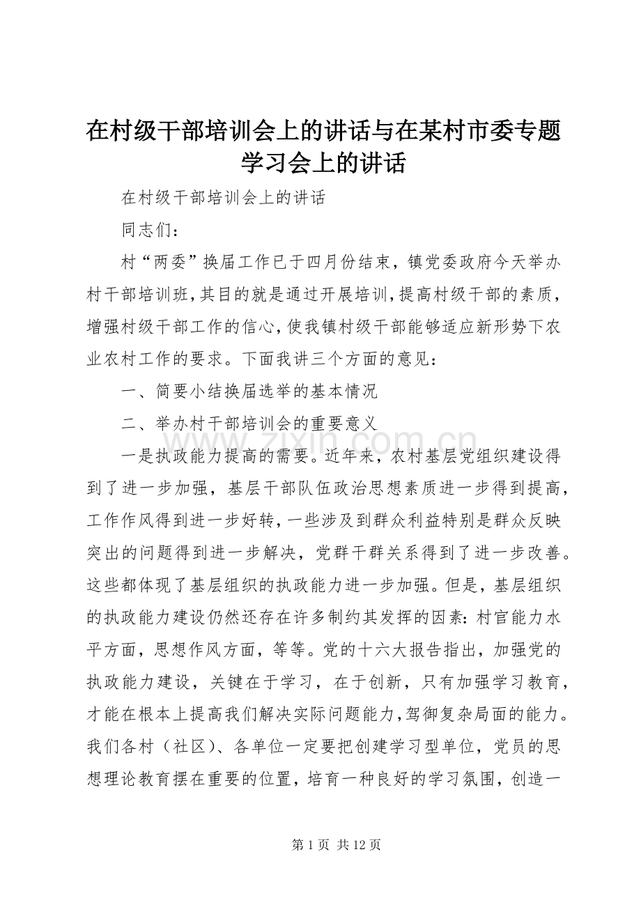 在村级干部培训会上的讲话发言与在某村市委专题学习会上的讲话发言.docx_第1页