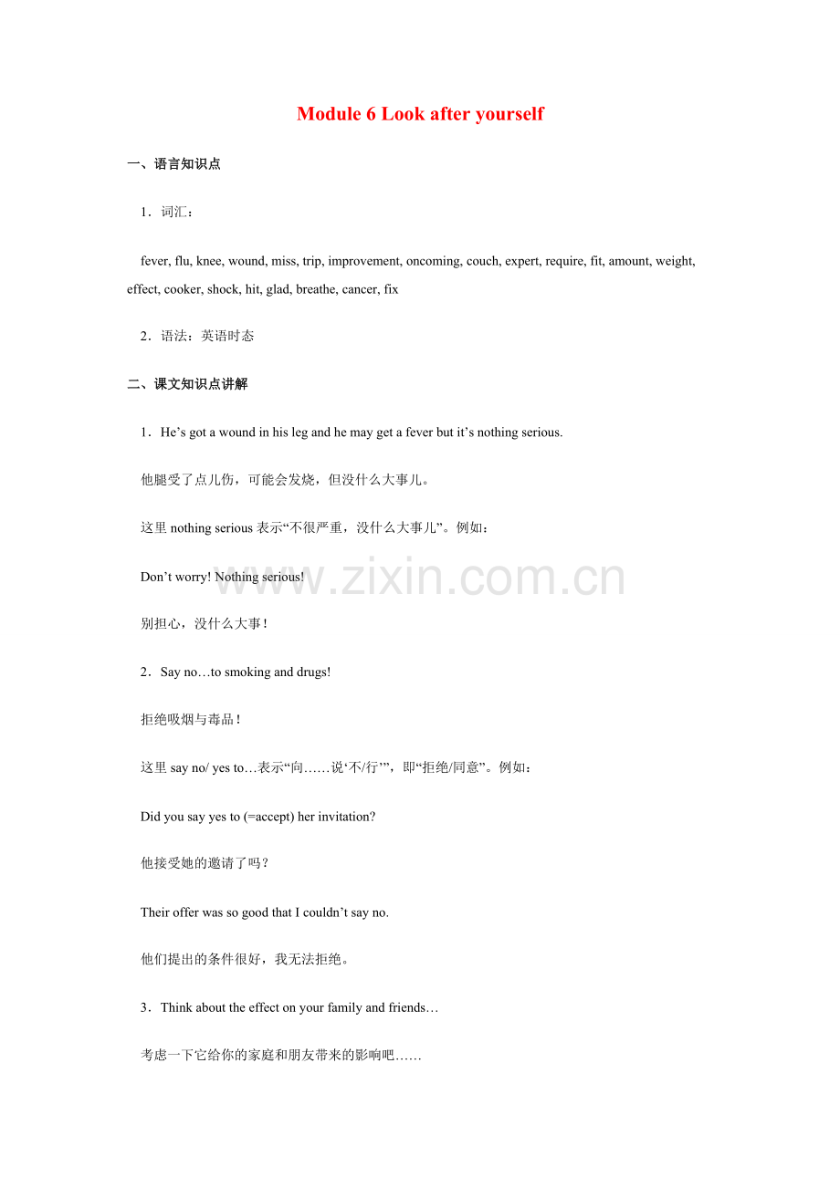 九年级英语Module 6 Look after yourself外研版.doc_第1页