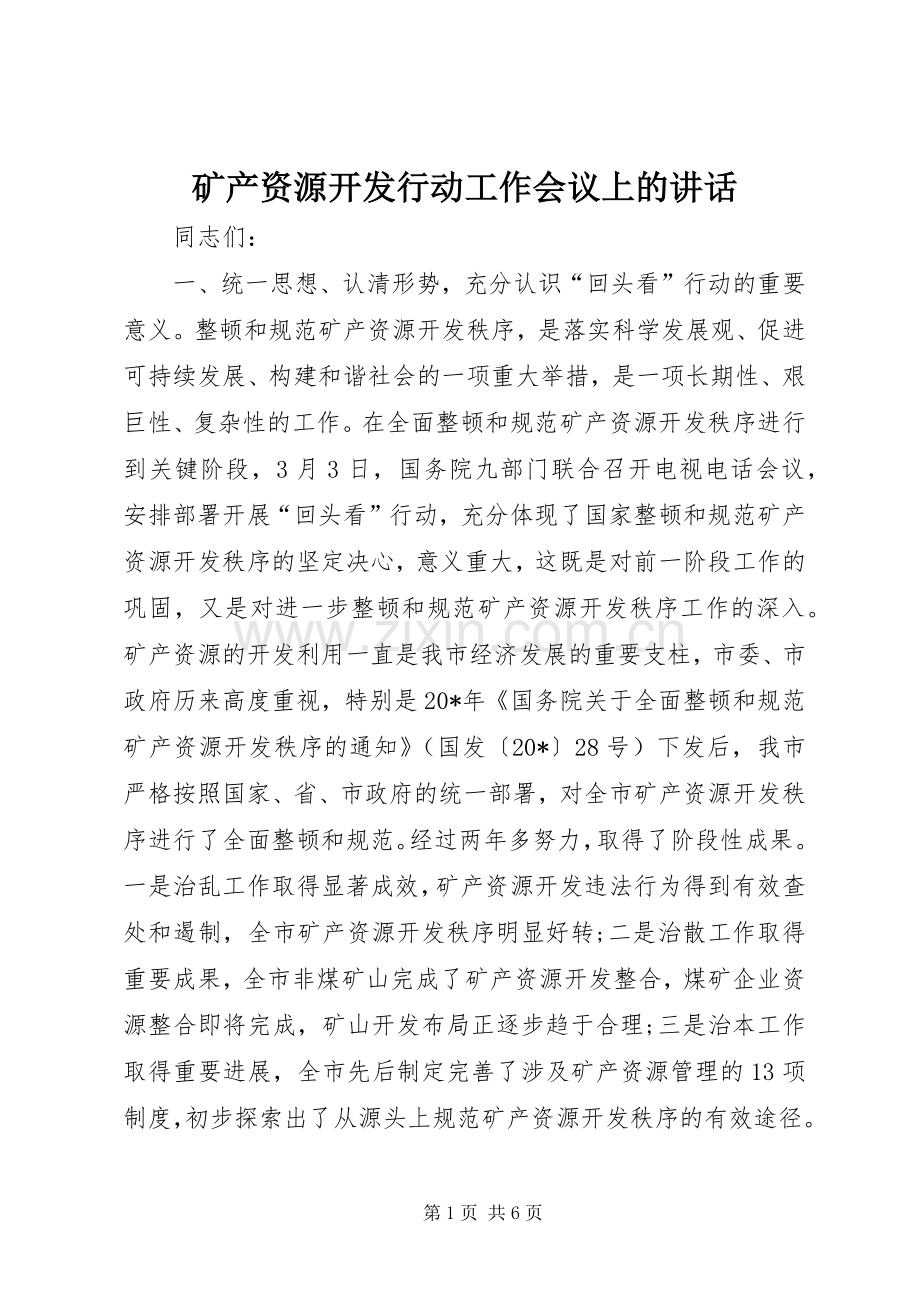 矿产资源开发行动工作会议上的讲话发言.docx_第1页