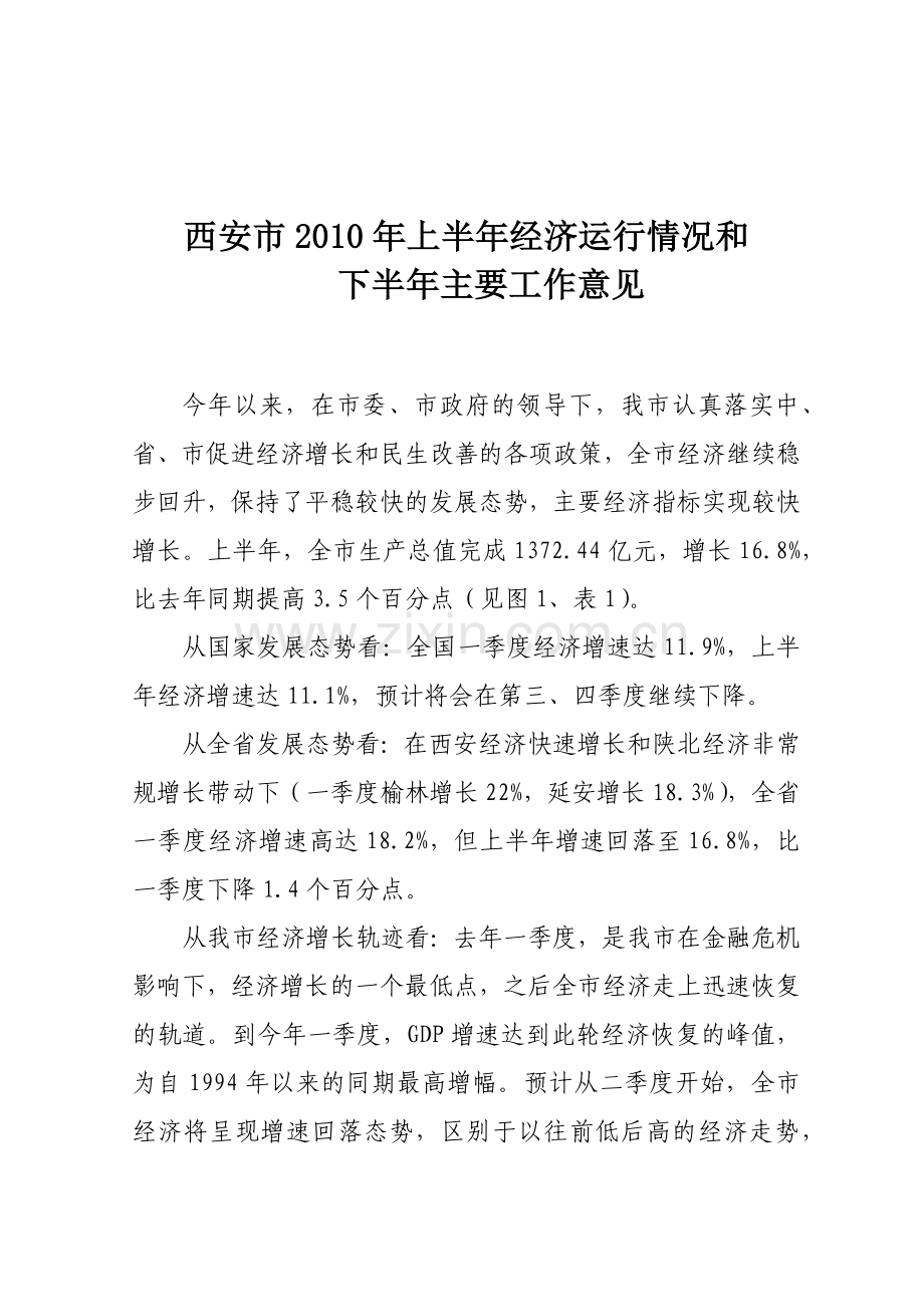 西安市XXXX年上半年经济运行情况和下半年主要工作意见-.docx_第1页