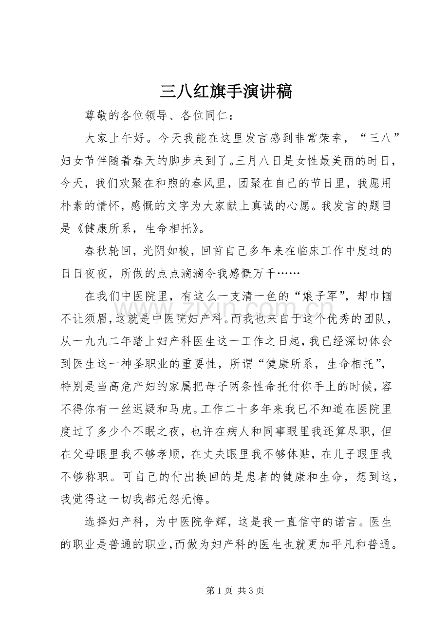 三八红旗手致辞演讲稿.docx_第1页