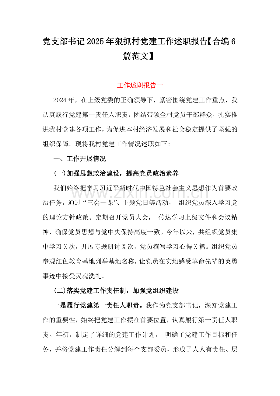 党支部书记2025年狠抓村党建工作述职报告【合编6篇范文】.docx_第1页