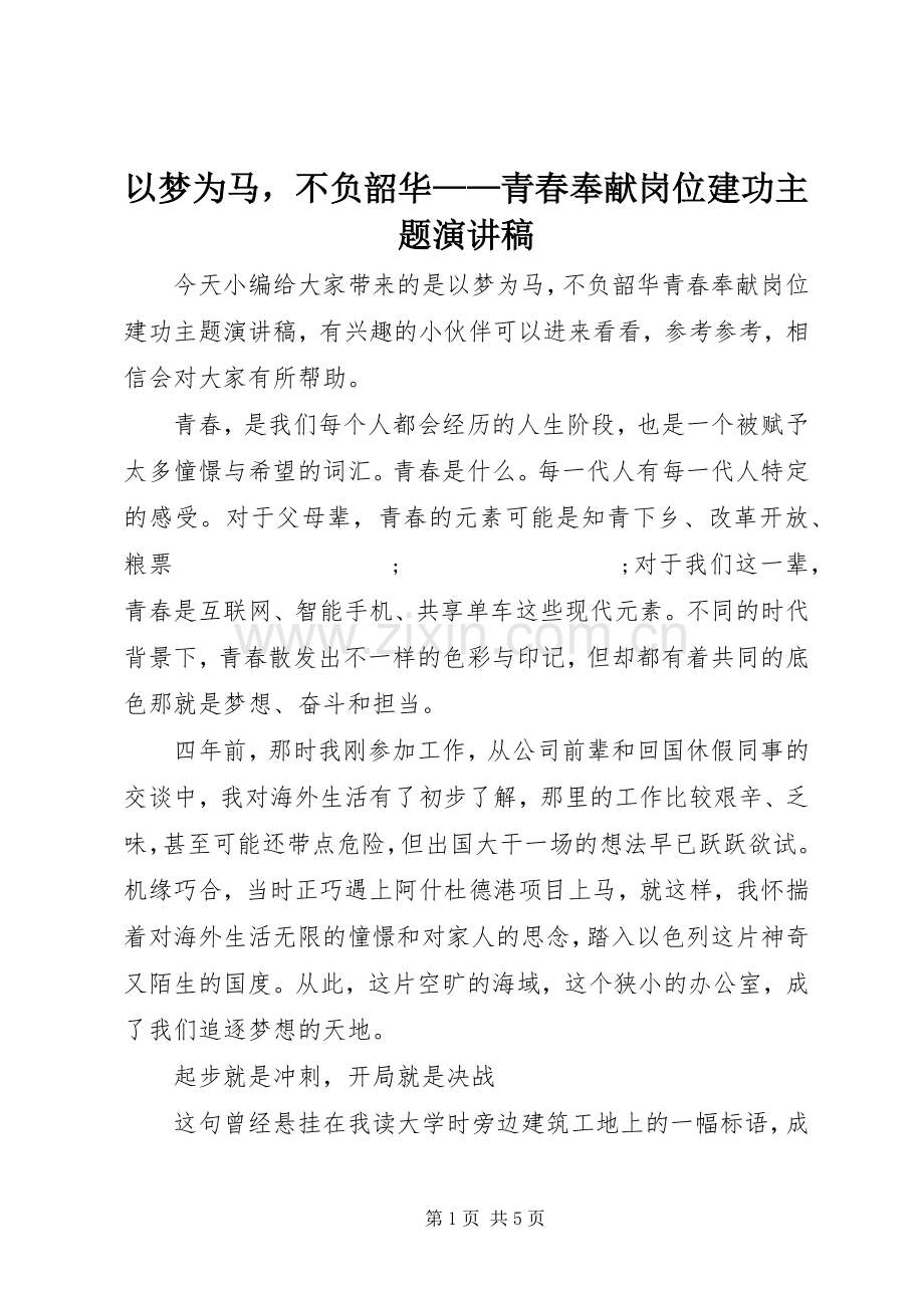 以梦为马不负韶华——青春奉献岗位建功主题演讲稿范文.docx_第1页