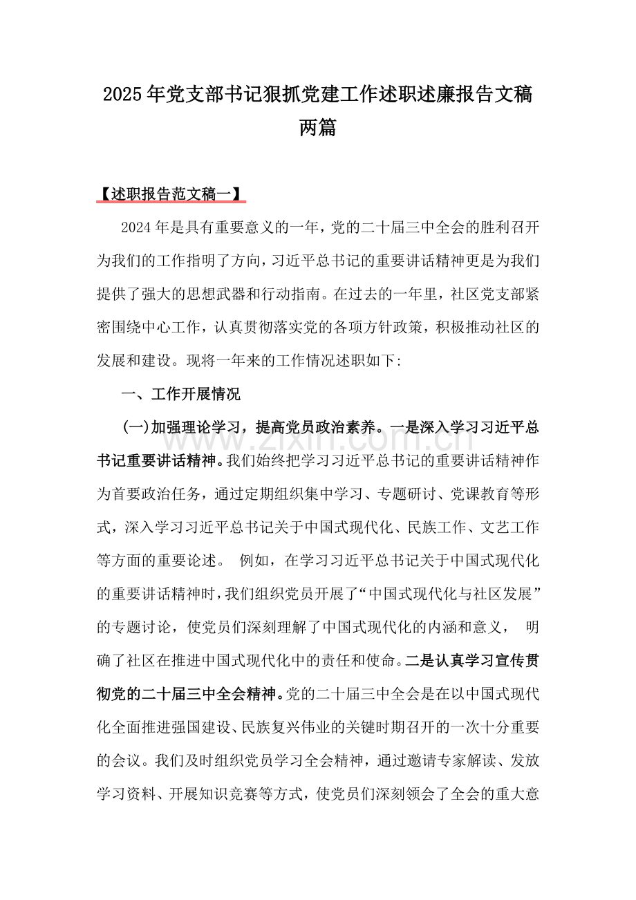 2025年党支部书记狠抓党建工作述职述廉报告文稿两篇.docx_第1页