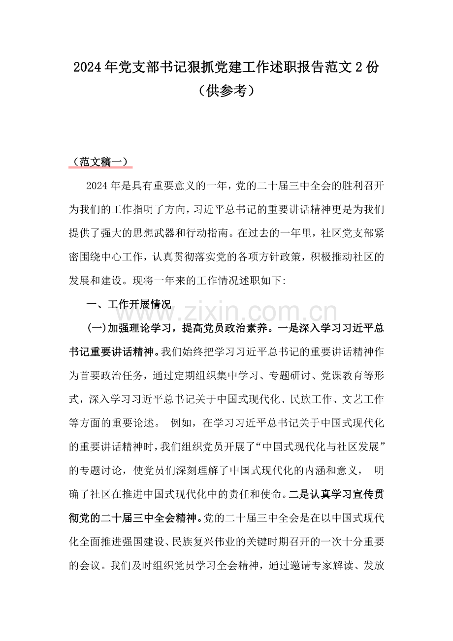 2024年党支部书记狠抓党建工作述职报告范文2份（供参考）.docx_第1页