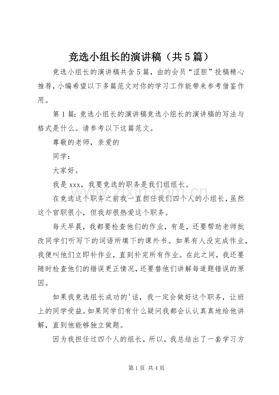 竞选小组长的致辞演讲稿（共5篇）.docx_第1页