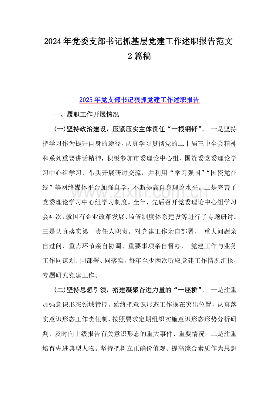 2024年党委支部书记抓基层党建工作述职报告范文2篇稿.docx_第1页