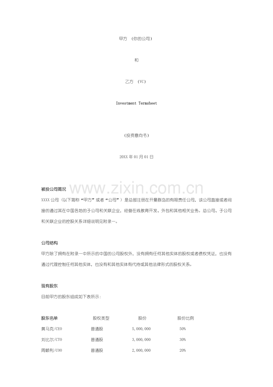 实用投资意向书模板.docx_第1页