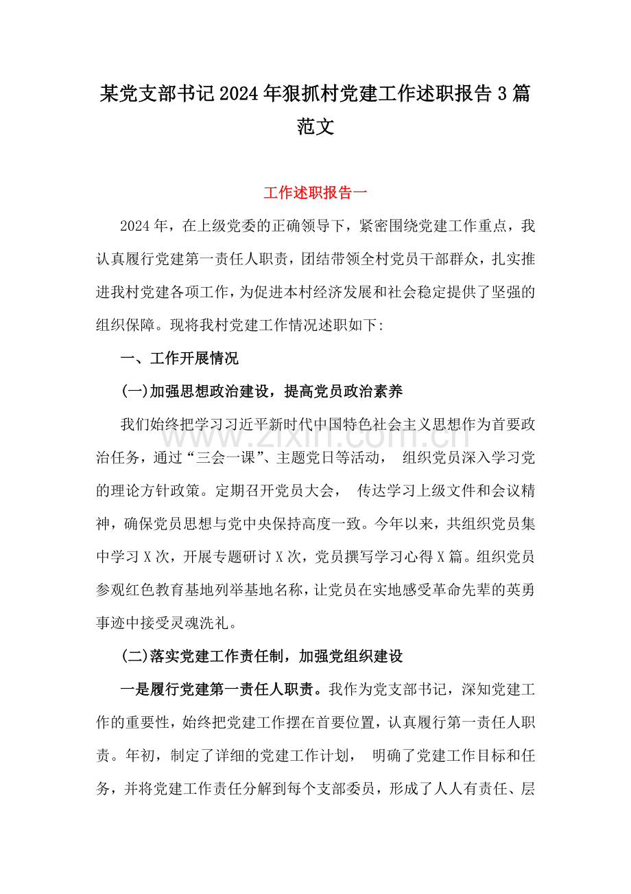 某党支部书记2024年狠抓村党建工作述职报告3篇范文.docx_第1页