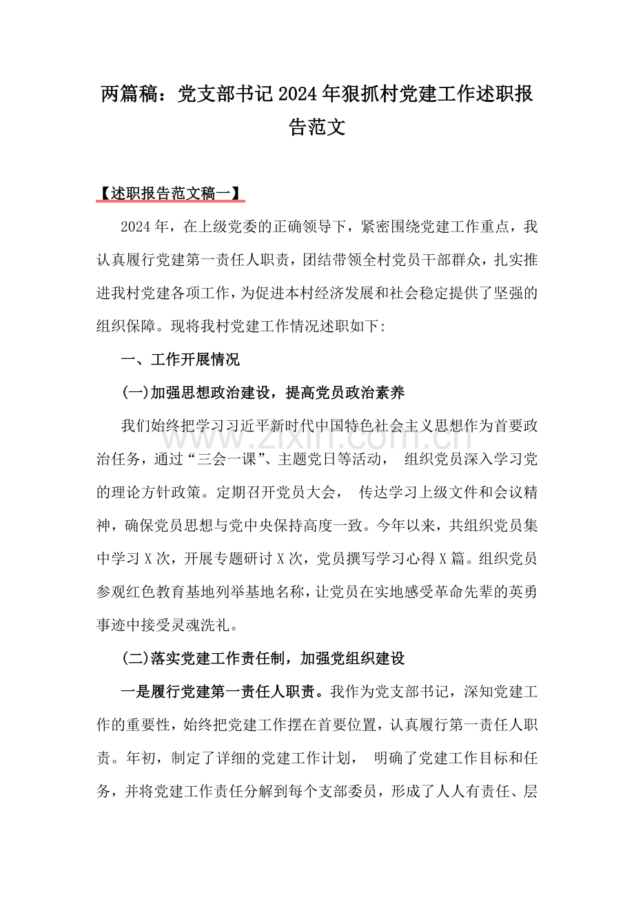 两篇稿：党支部书记2024年狠抓村党建工作述职报告范文.docx_第1页