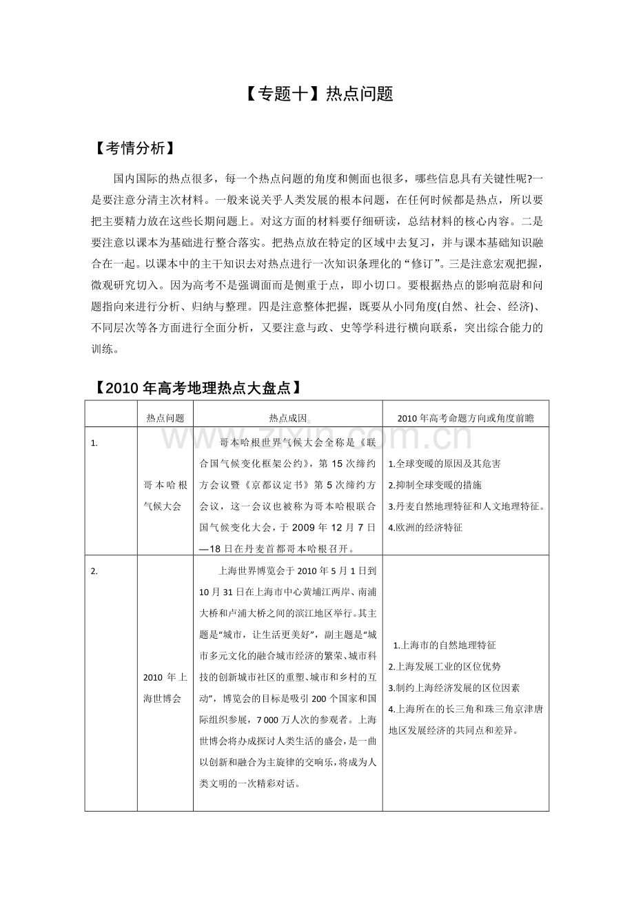 新课标2010高考地理二轮复习：专题十《热点问题》.doc_第1页