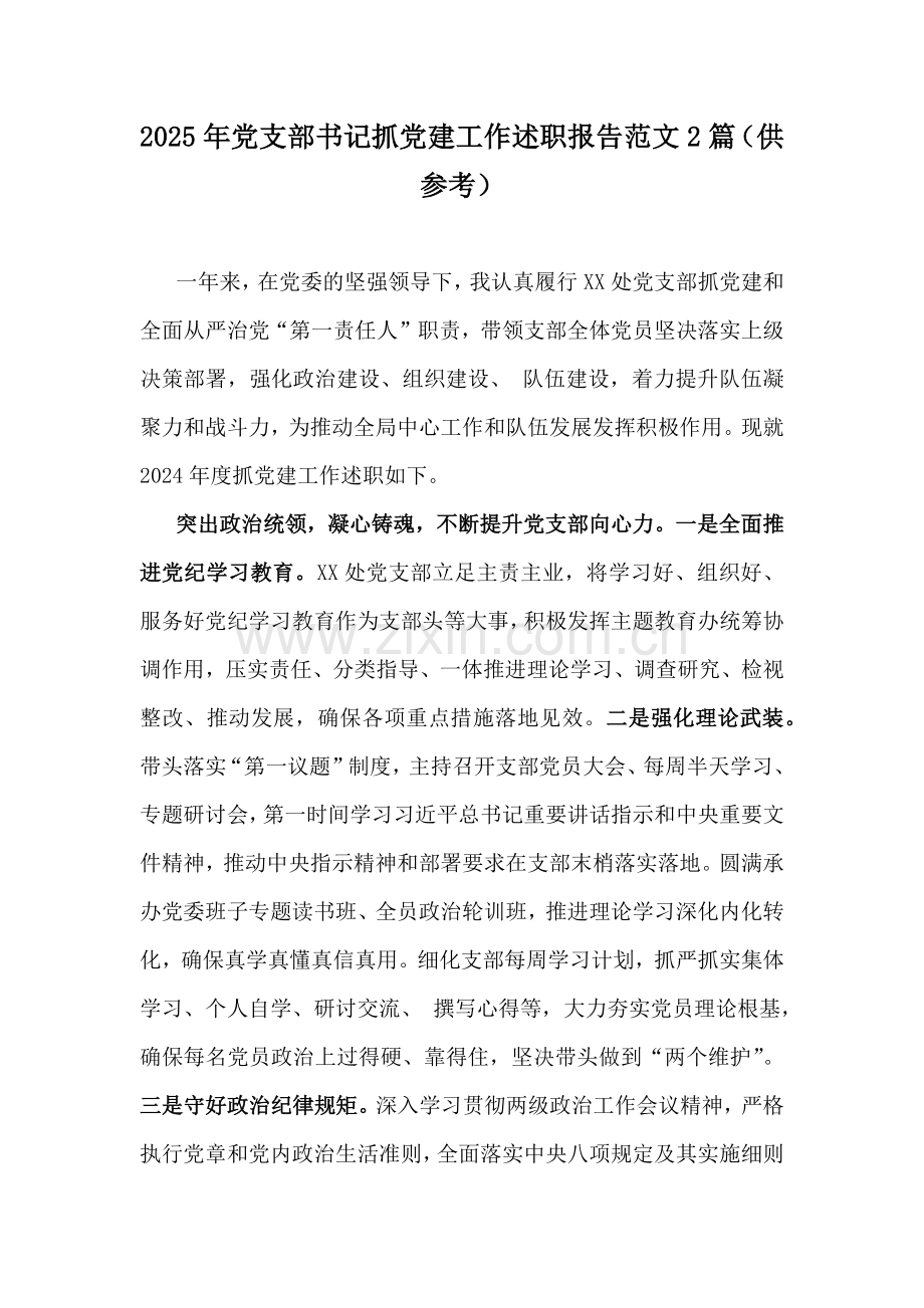 2025年党支部书记抓党建工作述职报告范文2篇（供参考）.docx_第1页