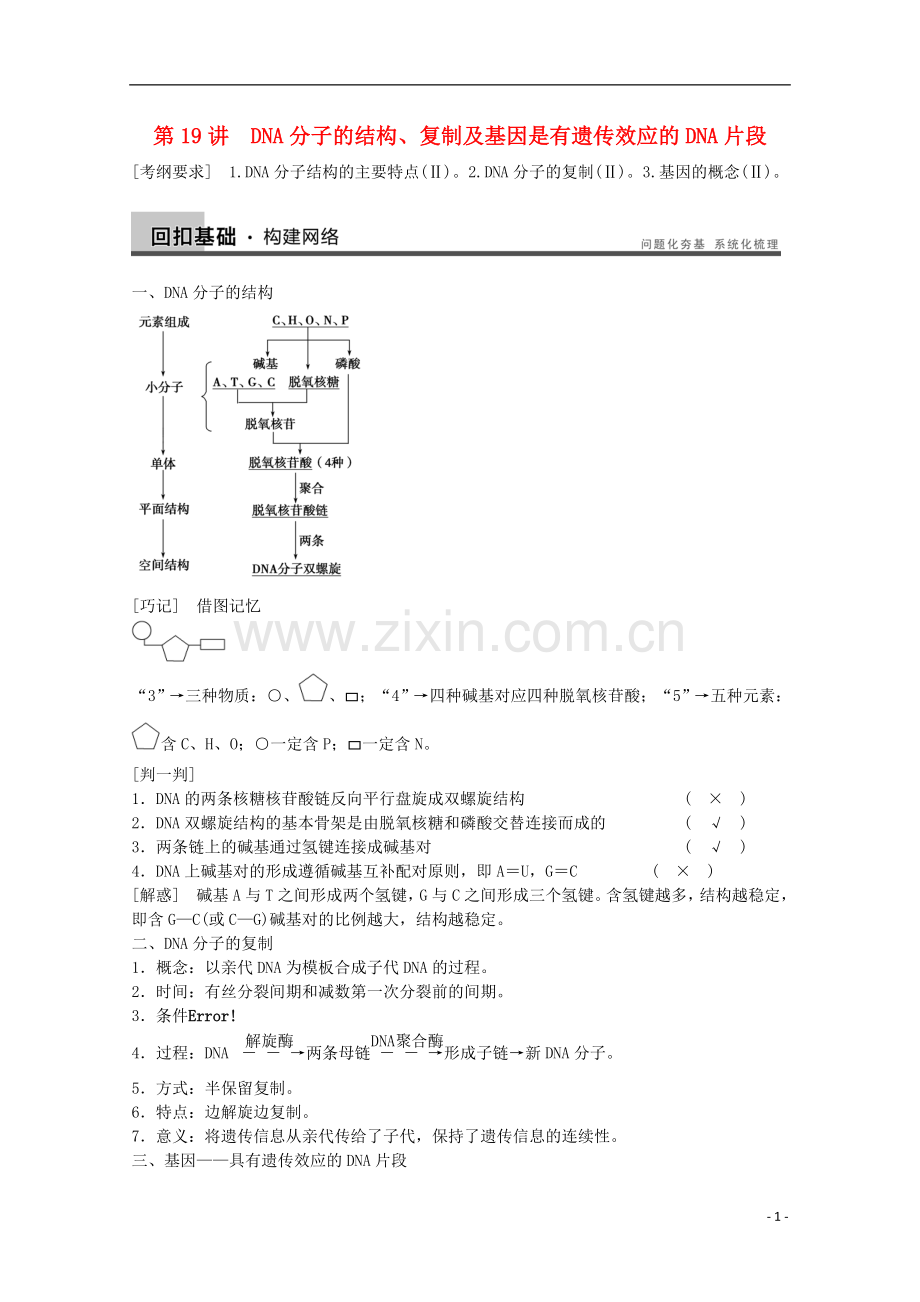 2014年高考生物大一轮复习-第六单元-第19讲-DNA分子的结构、复制及基因是有遗传效应的DNA片段教案.doc_第1页
