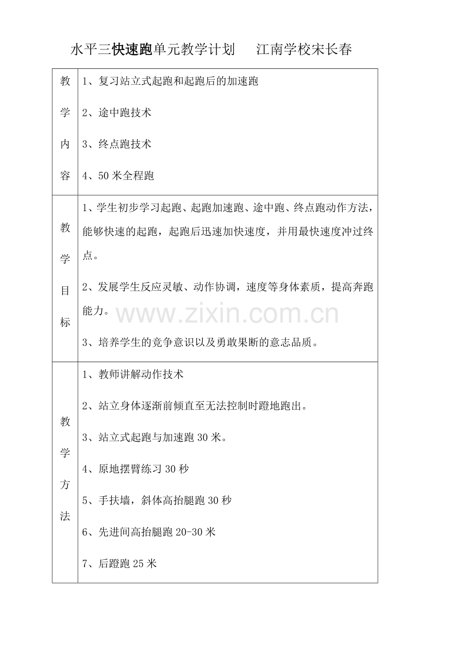 宋长春快速跑单元教学计划.docx_第1页