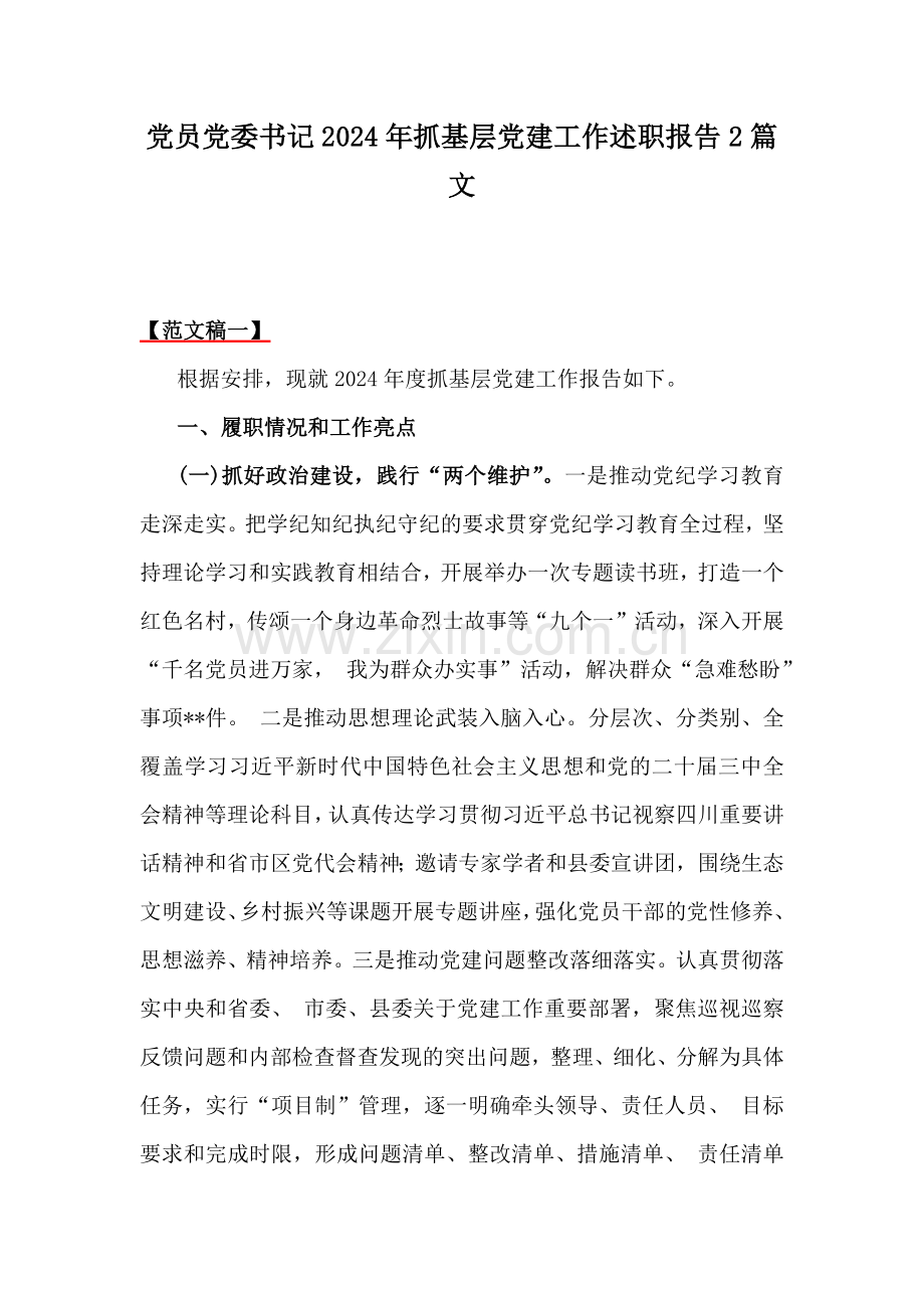 党员党委书记2024年抓基层党建工作述职报告2篇文.docx_第1页