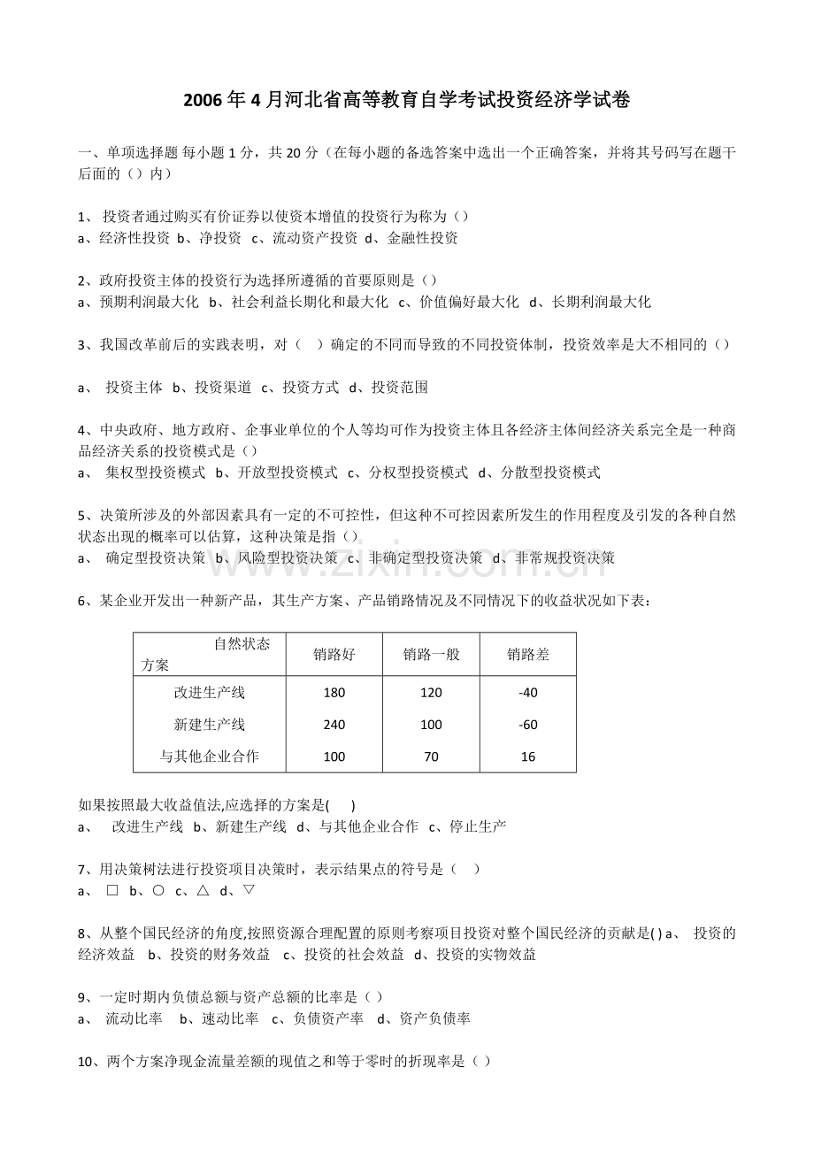 高等教育自学考试投资经济学试卷.docx_第1页