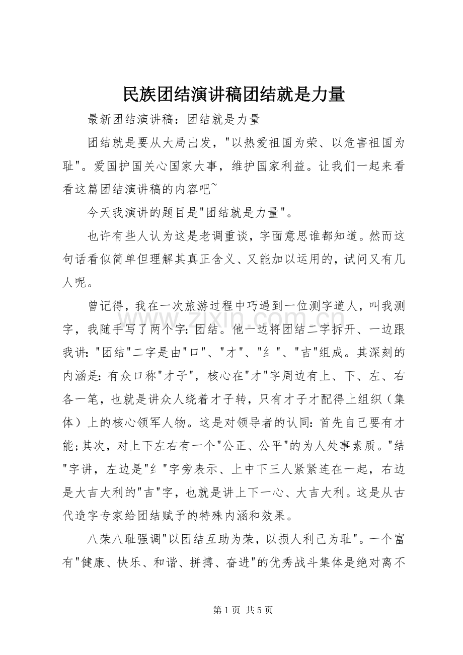 民族团结演讲范文团结就是力量.docx_第1页