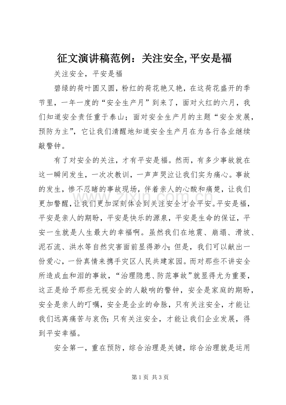 征文演讲致辞范例：关注安全,平安是福.docx_第1页