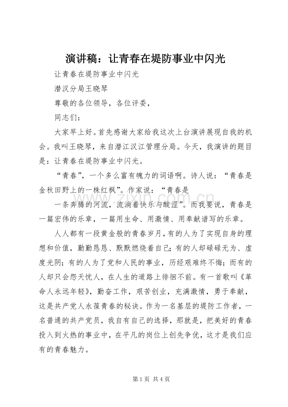 演讲致辞：让青春在堤防事业中闪光.docx_第1页