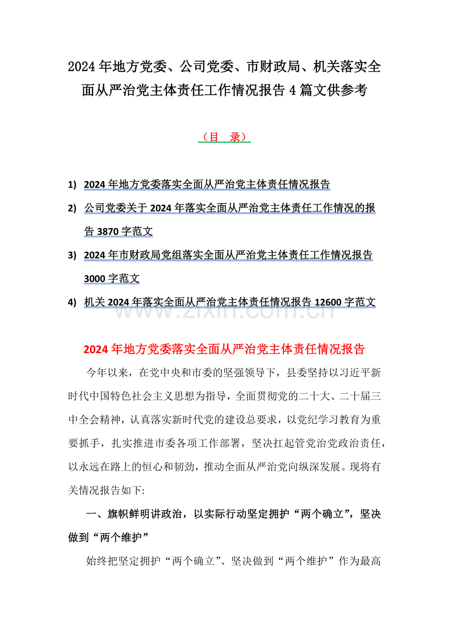 2024年地方党委、公司党委、市财政局、机关落实全面从严治党主体责任工作情况报告4篇文供参考.docx_第1页