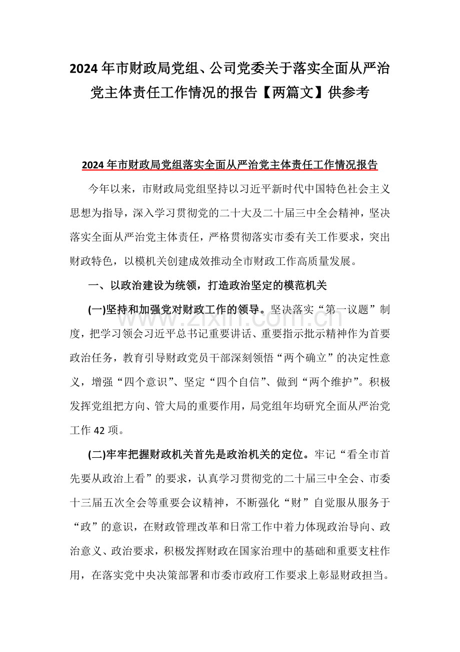 2024年市财政局党组、公司党委关于落实全面从严治党主体责任工作情况的报告【两篇文】供参考.docx_第1页