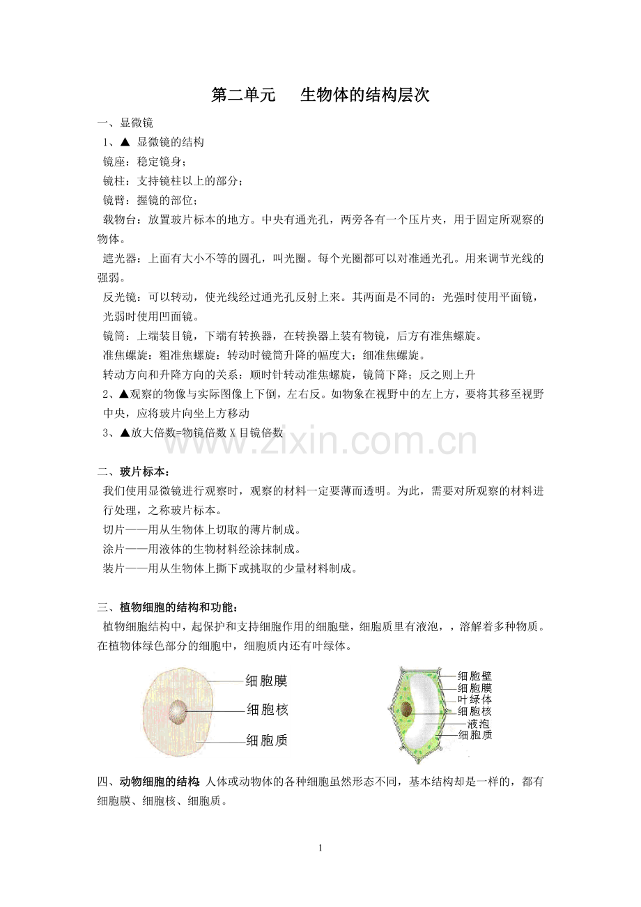 七年级生物上册_第二单元_生物体的结构层次知识点汇总.doc_第1页