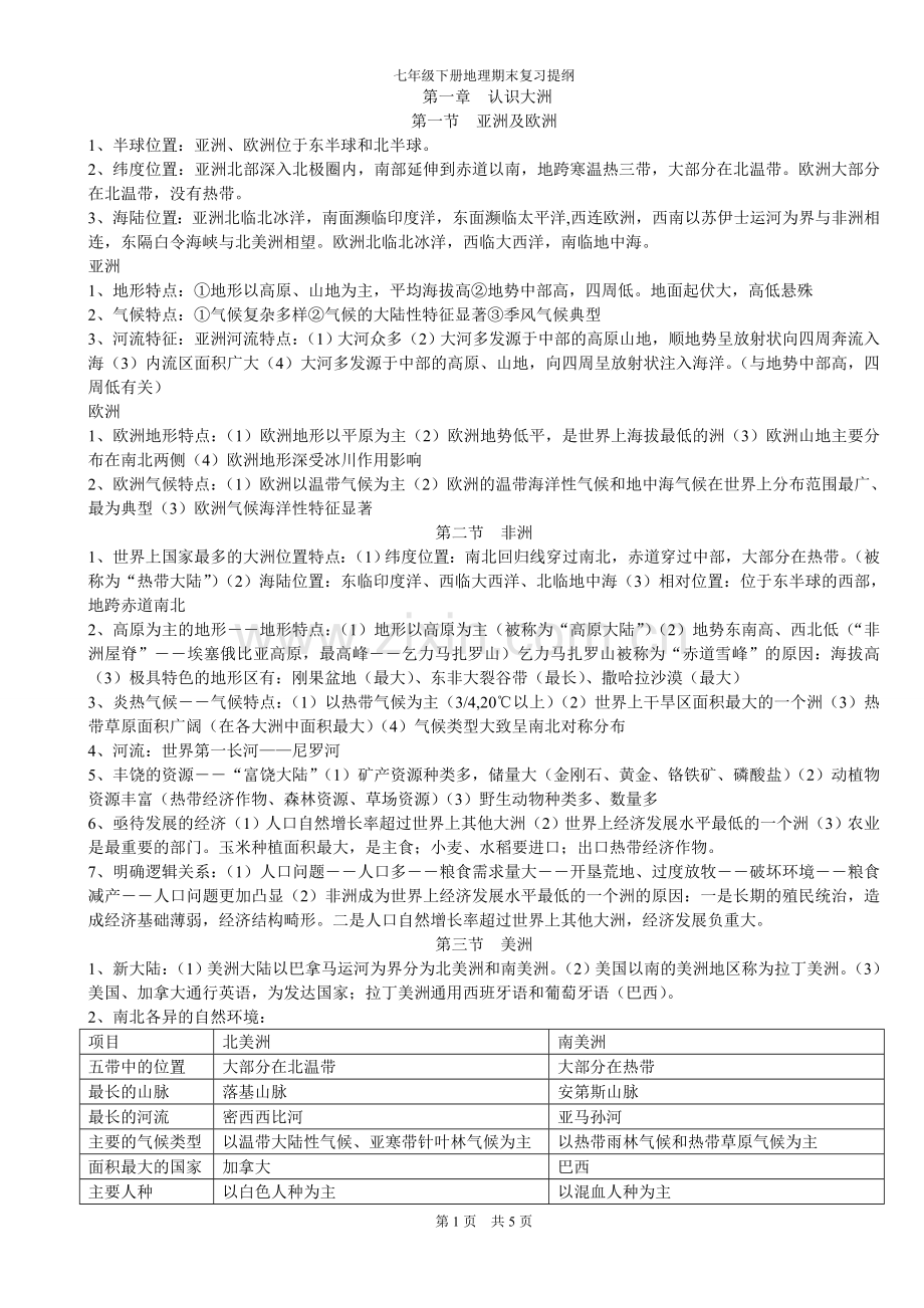 湘教版七年级地理下册复习提纲.doc_第1页