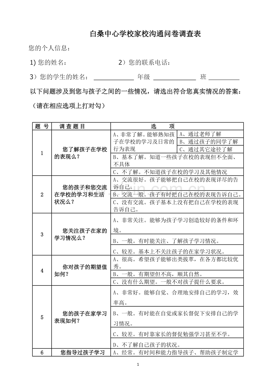 家校沟通问卷调查表.docx_第1页