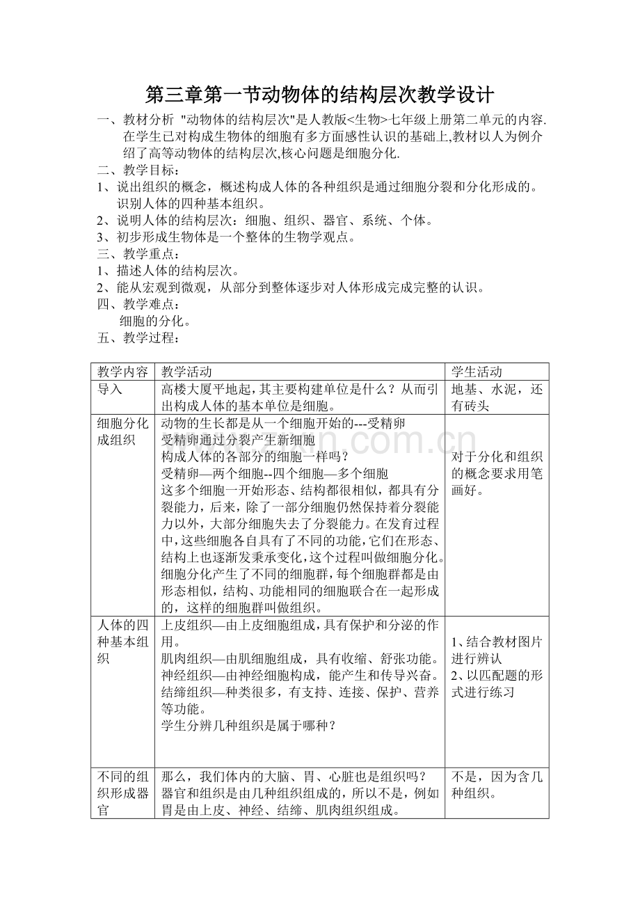 动物体的结构层次教学设计.doc_第1页