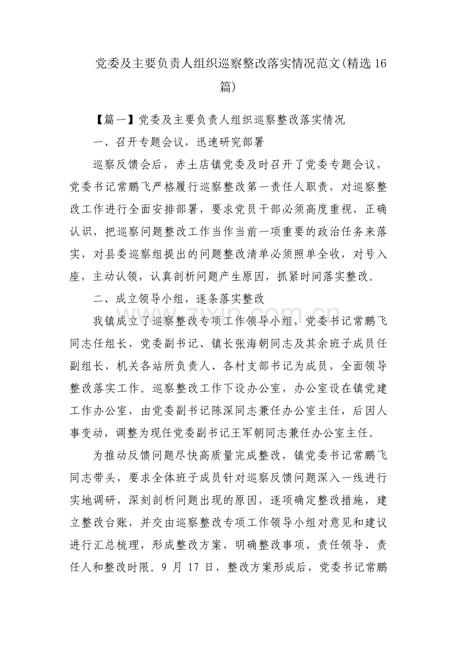 党委及主要负责人组织巡察整改落实情况范文(16篇).pdf_第1页