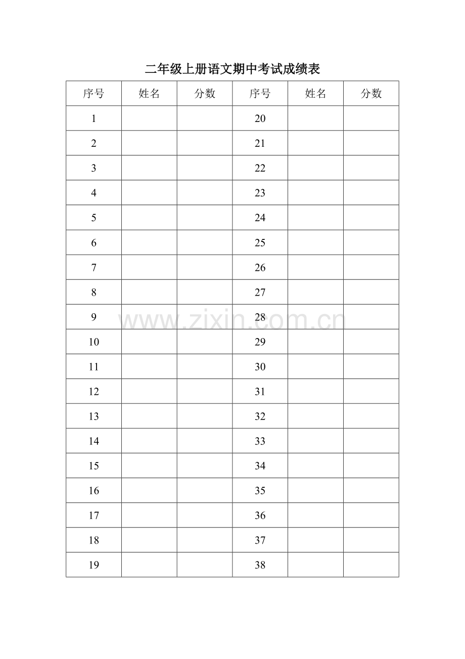 二年级上册语文期中考试成绩表.doc_第1页