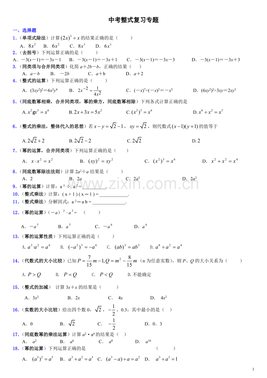 中考整式复习专题.doc_第1页