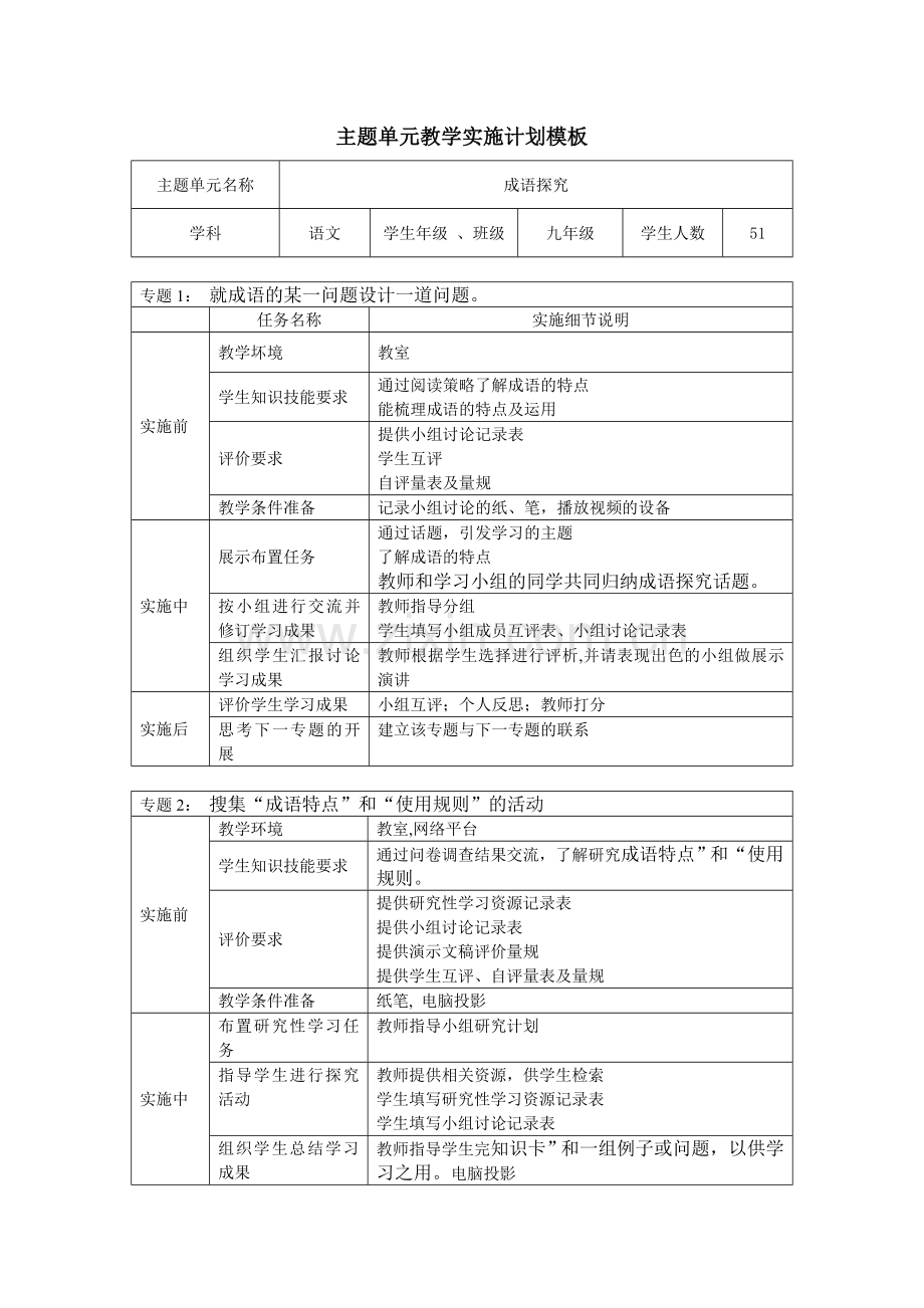 主题单元教学实施计划模板.doc_第1页