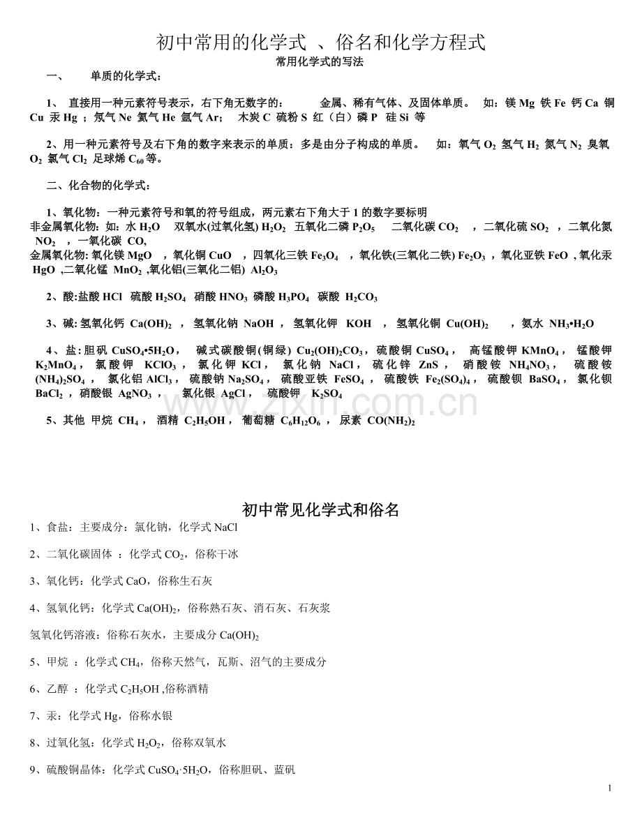 初中常用的化学式-、俗名和化学方程式.doc_第1页