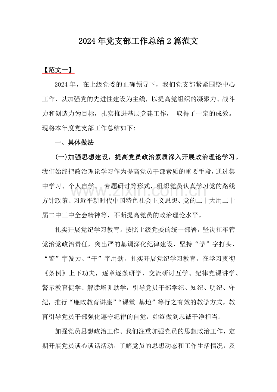 2024年党支部工作总结2篇范文.docx_第1页