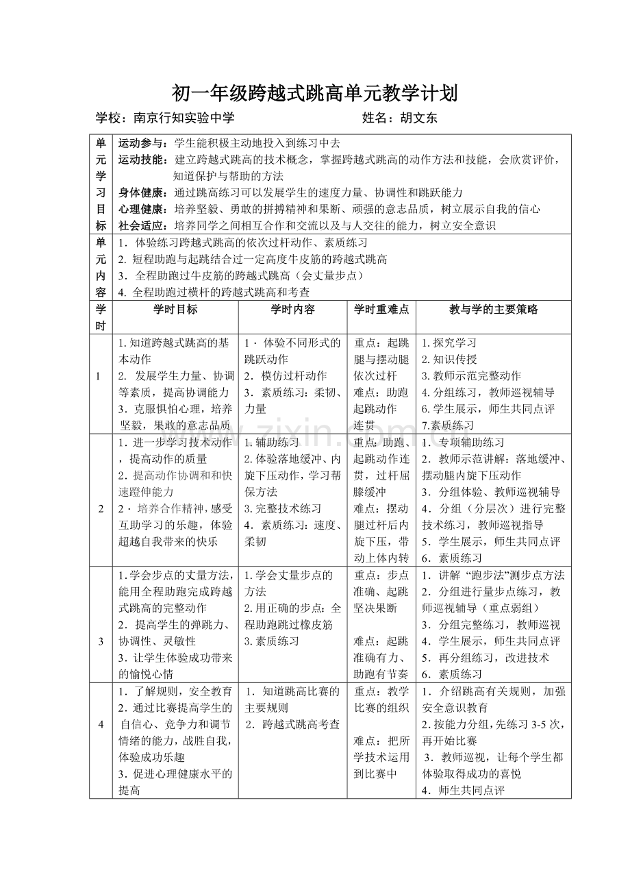 初一年级跨越式跳高单元教学计划.doc_第1页