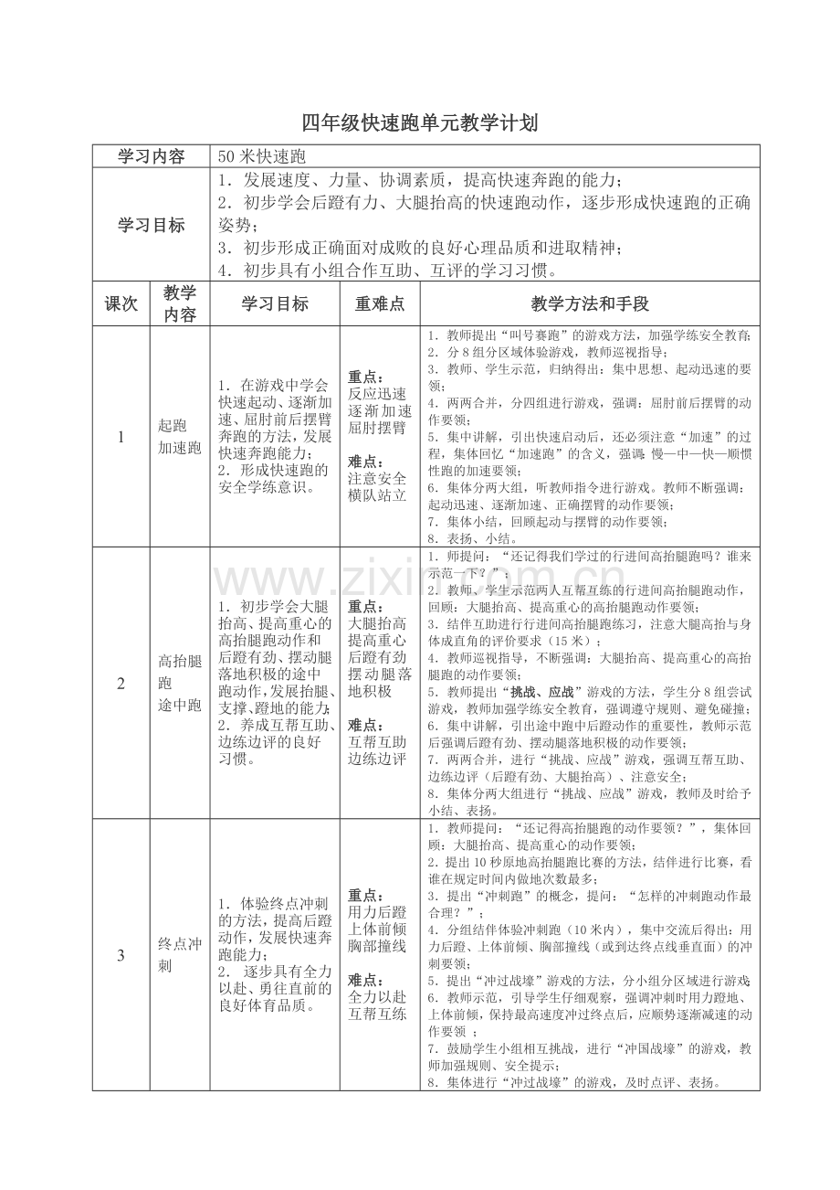 四年级快速跑单元教学计划.docx_第1页