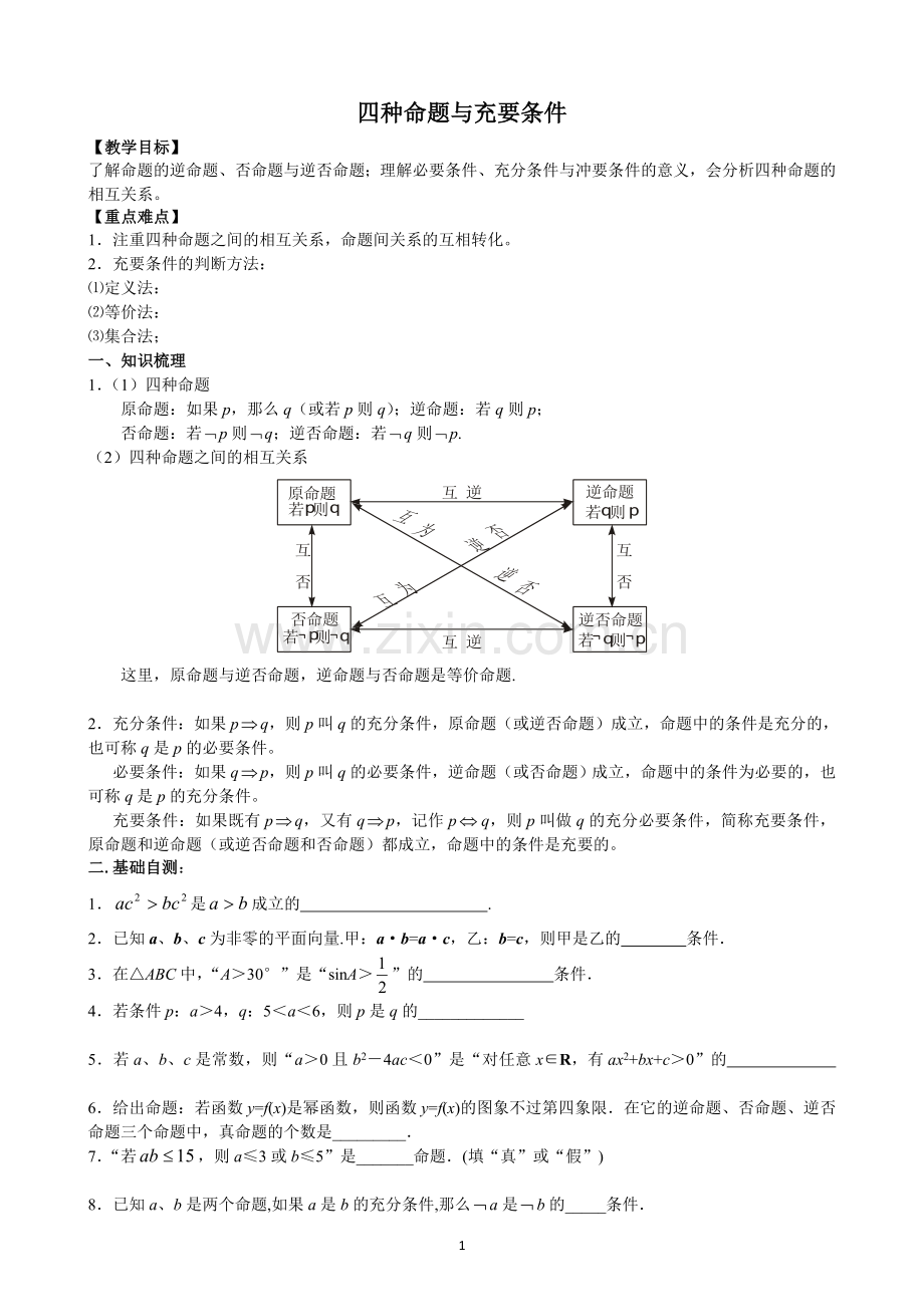 四种命题与充要条件（高三复习课）.doc_第1页