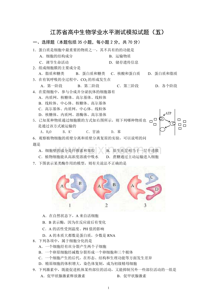 高中生物学业水平测试模拟试题(五).doc_第1页