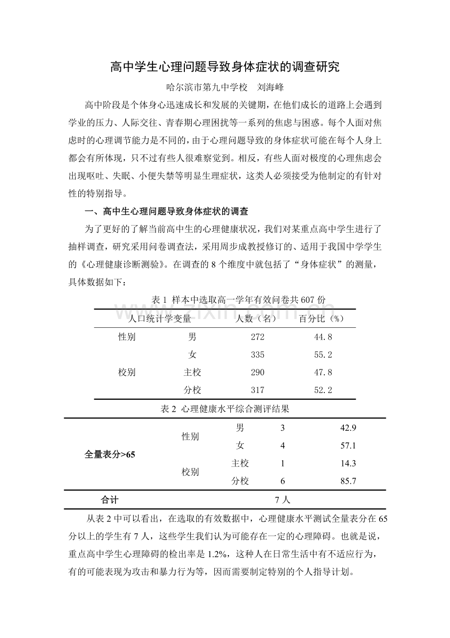 高中学生心理问题导致身体症状的调查研究.doc_第1页