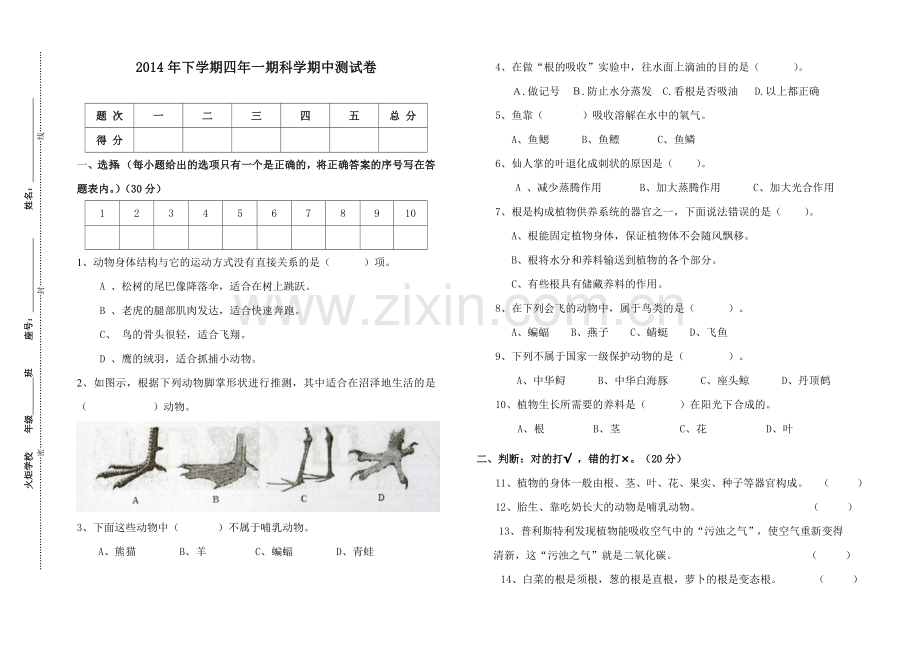 四年级上册段考科学试题.doc_第1页